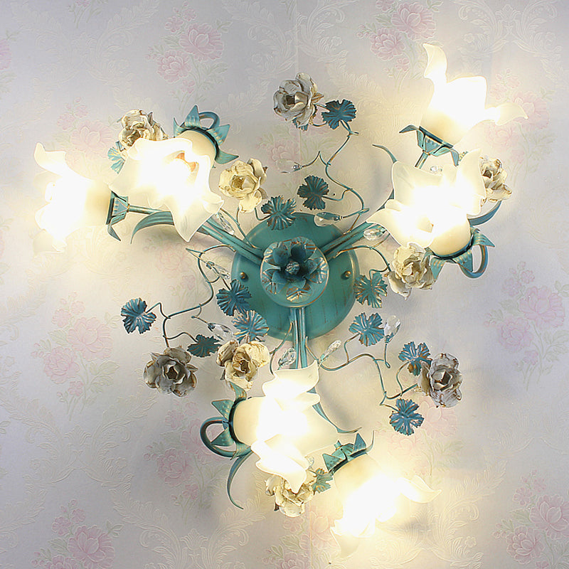 Blue 6/8 Bulbs Semi Flush Ceiling Light Pastoral Style Flower Frost White Glass Ceiling Lamp for Bedroom Clearhalo 'Ceiling Lights' 'Close To Ceiling Lights' 'Close to ceiling' 'Semi-flushmount' Lighting' 1982466