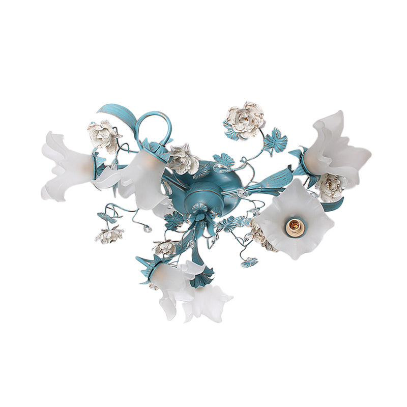 Blue 6/8 Bulbs Semi Flush Ceiling Light Pastoral Style Flower Frost White Glass Ceiling Lamp for Bedroom Clearhalo 'Ceiling Lights' 'Close To Ceiling Lights' 'Close to ceiling' 'Semi-flushmount' Lighting' 1982467