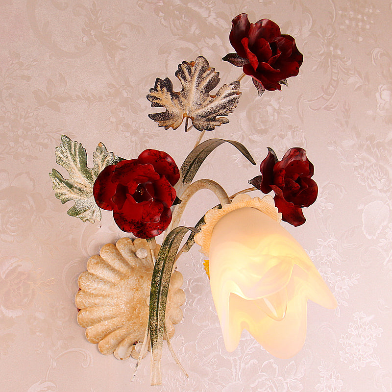 1/2-Light Wall Mounted Light Pastoral Floral Opaline Frosted Glass Wall Sconce in Beige 1.0 Beige Clearhalo 'Wall Lamps & Sconces' 'Wall Lights' Lighting' 1982523