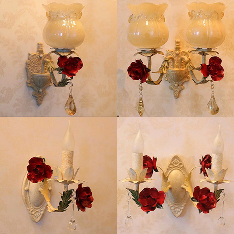 1/2-Light Wall Mounted Light Pastoral Floral Opaline Frosted Glass Wall Sconce in Beige Clearhalo 'Wall Lamps & Sconces' 'Wall Lights' Lighting' 1982524