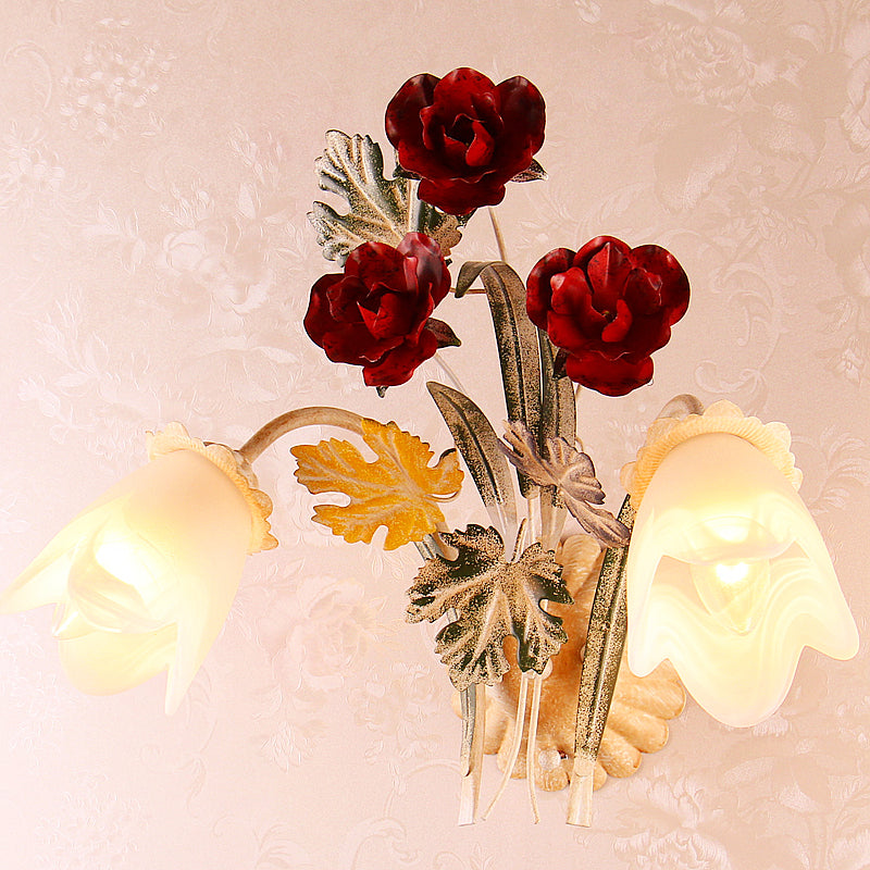 1/2-Light Wall Mounted Light Pastoral Floral Opaline Frosted Glass Wall Sconce in Beige 2.0 Beige Clearhalo 'Wall Lamps & Sconces' 'Wall Lights' Lighting' 1982530