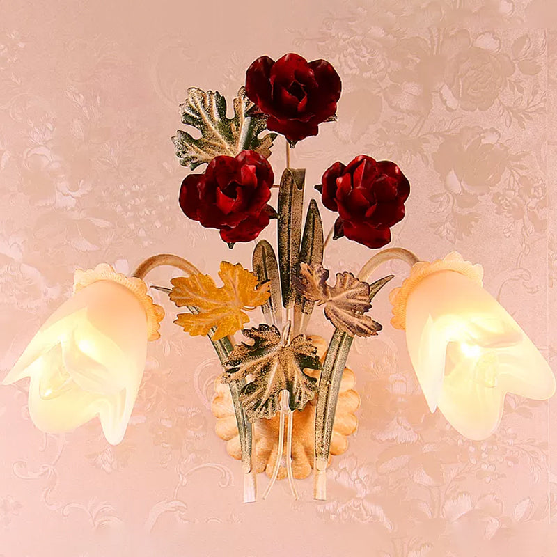 1/2-Light Wall Mounted Light Pastoral Floral Opaline Frosted Glass Wall Sconce in Beige Clearhalo 'Wall Lamps & Sconces' 'Wall Lights' Lighting' 1982531