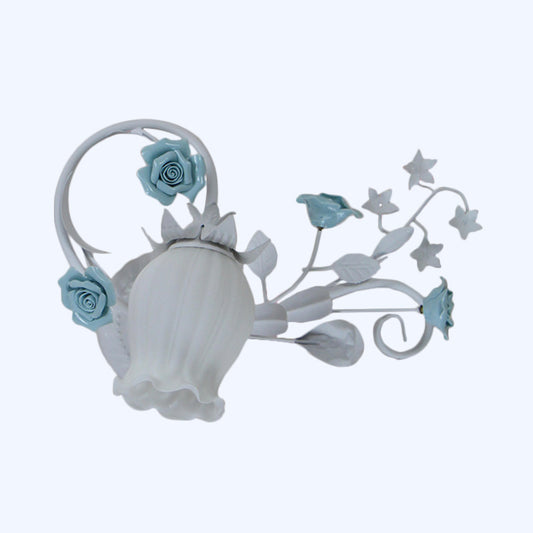 Frosted White Glass Scroll Wall Sconce Lamp Korean Garden 1-Light Bedroom Wall Mounted Light with Rose Deco in Pink/Blue Clearhalo 'Wall Lamps & Sconces' 'Wall Lights' Lighting' 1982555