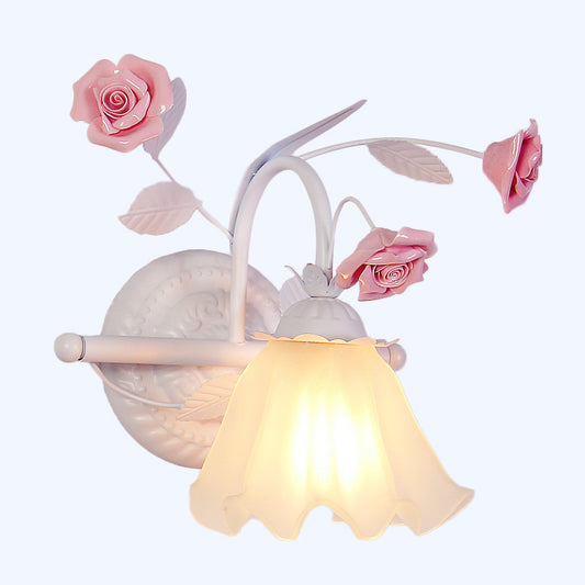 Korean Flower Ruffle Wall Mounted Lamp 1-Light Frosted White Glass Wall Sconce Light in Pink Clearhalo 'Wall Lamps & Sconces' 'Wall Lights' Lighting' 1982560