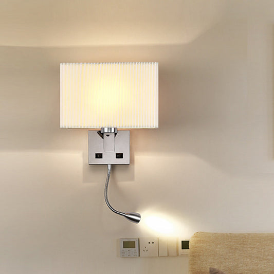 Fabric Cuboid Wall Light Kit Minimalist 1-Light White/Beige Spotlight Sconce Lamp with Charging Port White Clearhalo 'Cast Iron' 'Glass' 'Industrial' 'Modern wall lights' 'Modern' 'Tiffany' 'Traditional wall lights' 'Wall Lamps & Sconces' 'Wall Lights' Lighting' 1982608