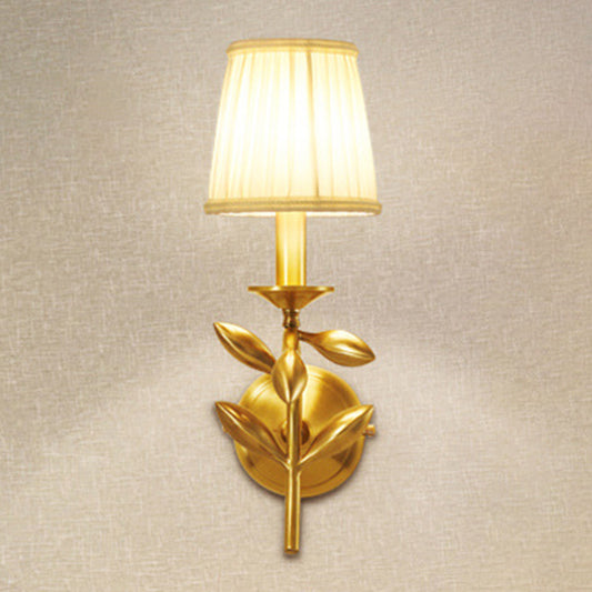 Gold Wheat Branch Wall Light Farmhouse Metal Single Bedroom Wall Mount Fixture with Gathered Fabric Shade Clearhalo 'Wall Lamps & Sconces' 'Wall Lights' Lighting' 1982710