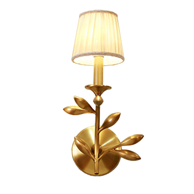 1/2-Bulb Tapered Wall Lighting Rustic Gold Gathered Fabric Wall Mounted Lamp with Wheat Decor Clearhalo 'Wall Lamps & Sconces' 'Wall Lights' Lighting' 1982715