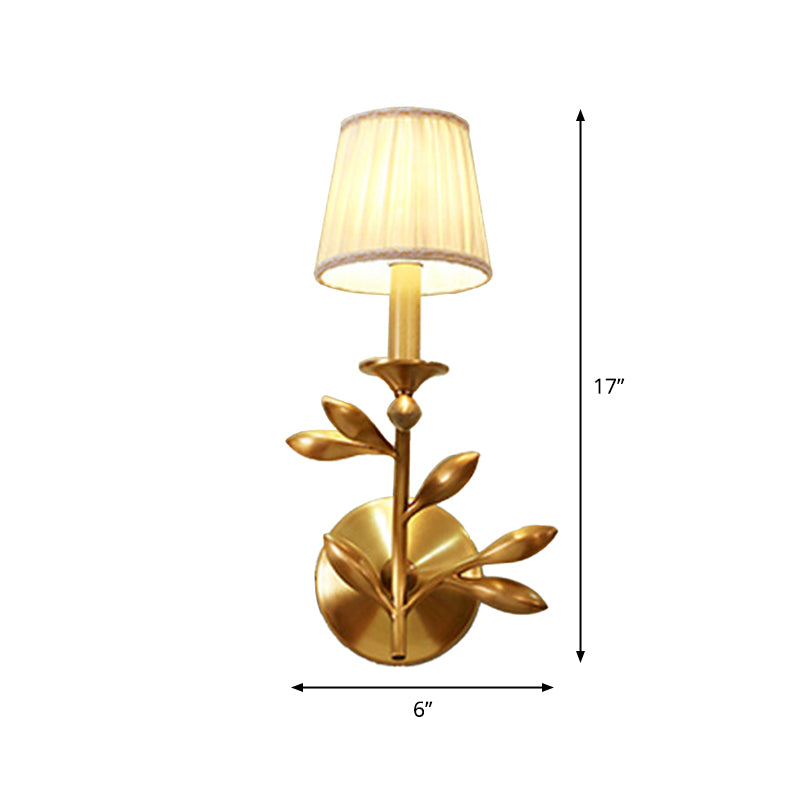 1/2-Bulb Tapered Wall Lighting Rustic Gold Gathered Fabric Wall Mounted Lamp with Wheat Decor Clearhalo 'Wall Lamps & Sconces' 'Wall Lights' Lighting' 1982716