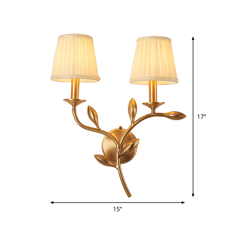 1/2-Bulb Tapered Wall Lighting Rustic Gold Gathered Fabric Wall Mounted Lamp with Wheat Decor Clearhalo 'Wall Lamps & Sconces' 'Wall Lights' Lighting' 1982719