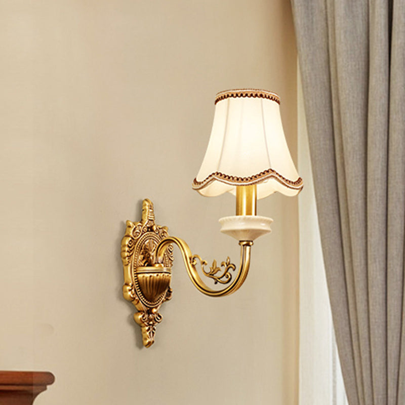 1/2-Light Fabric/White Glass Wall Lamp Traditional Gold Scalloped/Tapered/Curved Bedside Wall Mounted Light Fixture 1.0 Gold A Clearhalo 'Wall Lamps & Sconces' 'Wall Lights' Lighting' 1982720