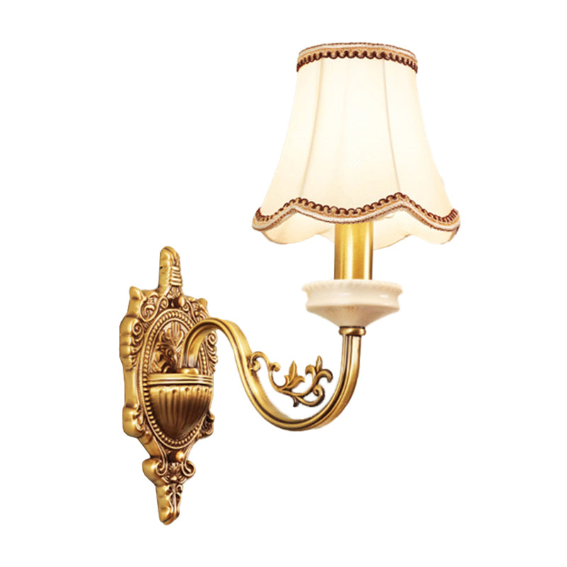 1/2-Light Fabric/White Glass Wall Lamp Traditional Gold Scalloped/Tapered/Curved Bedside Wall Mounted Light Fixture Clearhalo 'Wall Lamps & Sconces' 'Wall Lights' Lighting' 1982722