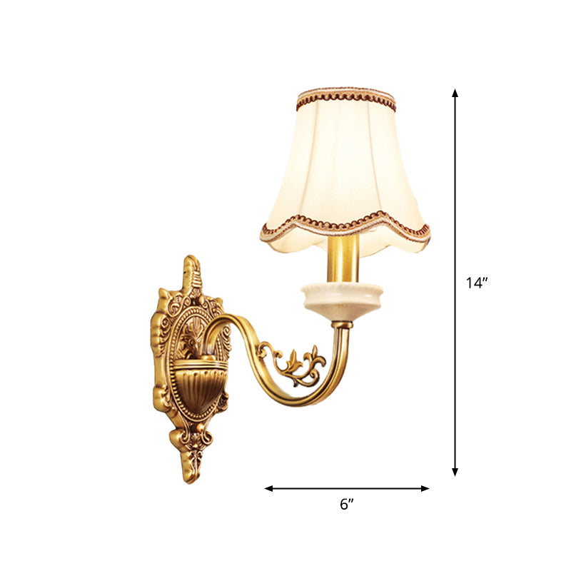 1/2-Light Fabric/White Glass Wall Lamp Traditional Gold Scalloped/Tapered/Curved Bedside Wall Mounted Light Fixture Clearhalo 'Wall Lamps & Sconces' 'Wall Lights' Lighting' 1982723