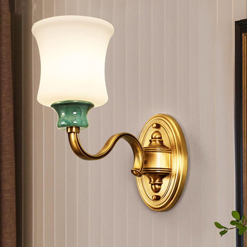 1/2-Light Fabric/White Glass Wall Lamp Traditional Gold Scalloped/Tapered/Curved Bedside Wall Mounted Light Fixture Clearhalo 'Wall Lamps & Sconces' 'Wall Lights' Lighting' 1982728