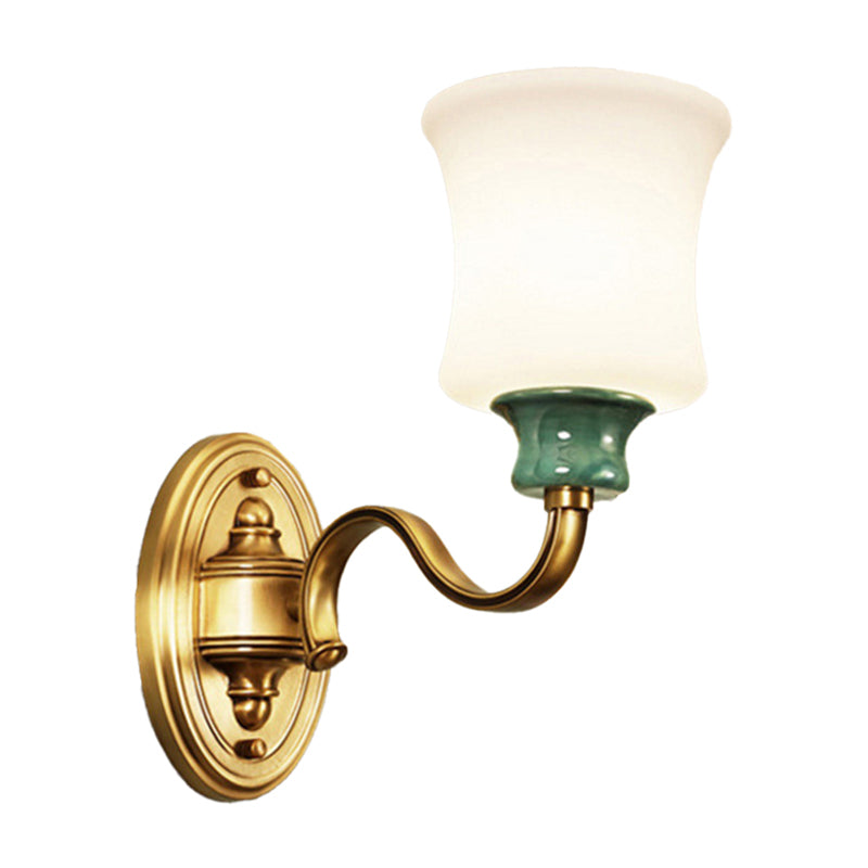 1/2-Light Fabric/White Glass Wall Lamp Traditional Gold Scalloped/Tapered/Curved Bedside Wall Mounted Light Fixture Clearhalo 'Wall Lamps & Sconces' 'Wall Lights' Lighting' 1982729