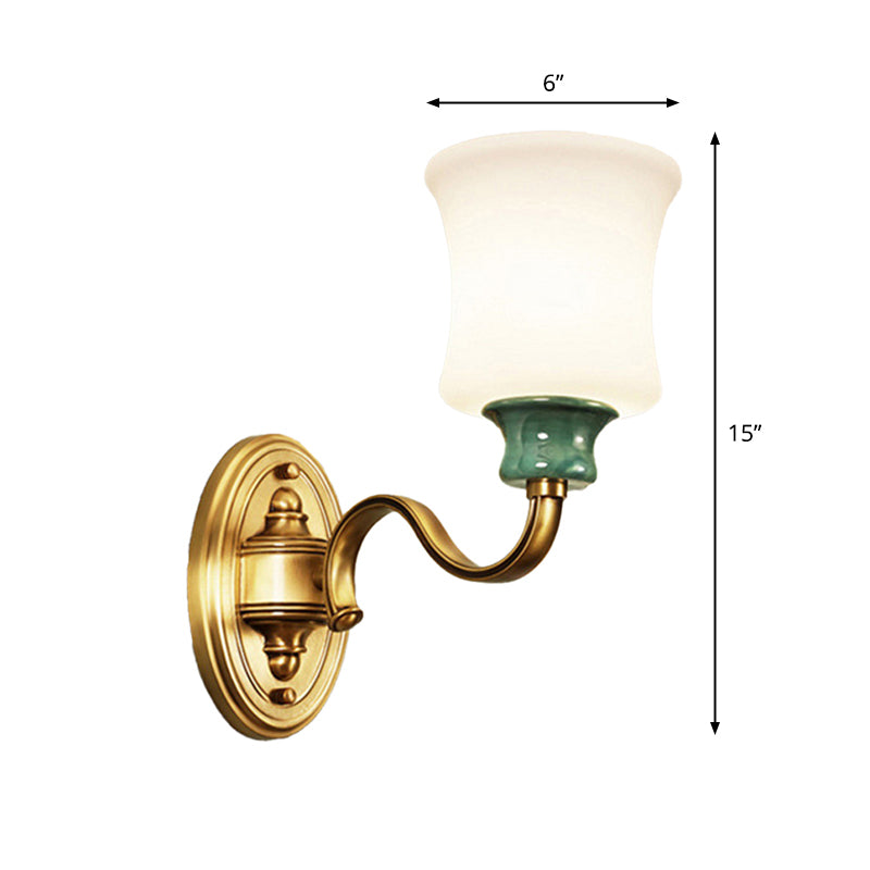 1/2-Light Fabric/White Glass Wall Lamp Traditional Gold Scalloped/Tapered/Curved Bedside Wall Mounted Light Fixture Clearhalo 'Wall Lamps & Sconces' 'Wall Lights' Lighting' 1982730