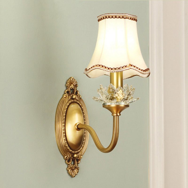 1/2-Light Fabric/White Glass Wall Lamp Traditional Gold Scalloped/Tapered/Curved Bedside Wall Mounted Light Fixture 1.0 Gold D Clearhalo 'Wall Lamps & Sconces' 'Wall Lights' Lighting' 1982731