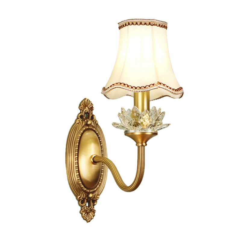 1/2-Light Fabric/White Glass Wall Lamp Traditional Gold Scalloped/Tapered/Curved Bedside Wall Mounted Light Fixture Clearhalo 'Wall Lamps & Sconces' 'Wall Lights' Lighting' 1982732