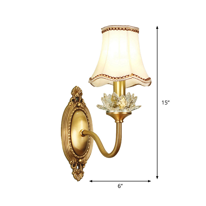 1/2-Light Fabric/White Glass Wall Lamp Traditional Gold Scalloped/Tapered/Curved Bedside Wall Mounted Light Fixture Clearhalo 'Wall Lamps & Sconces' 'Wall Lights' Lighting' 1982733