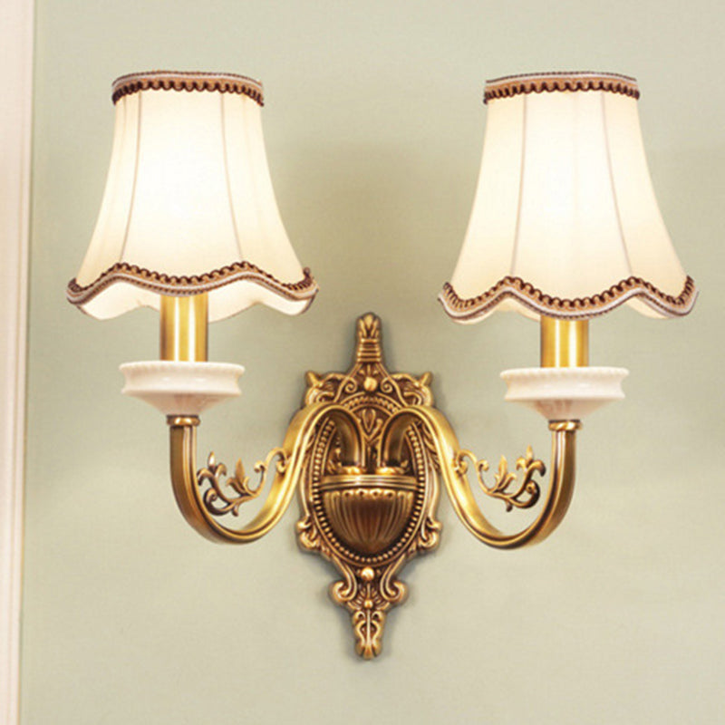 1/2-Light Fabric/White Glass Wall Lamp Traditional Gold Scalloped/Tapered/Curved Bedside Wall Mounted Light Fixture 2.0 Gold A Clearhalo 'Wall Lamps & Sconces' 'Wall Lights' Lighting' 1982734