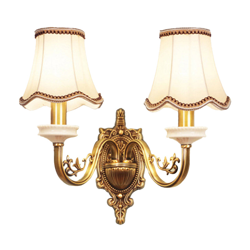 1/2-Light Fabric/White Glass Wall Lamp Traditional Gold Scalloped/Tapered/Curved Bedside Wall Mounted Light Fixture Clearhalo 'Wall Lamps & Sconces' 'Wall Lights' Lighting' 1982735