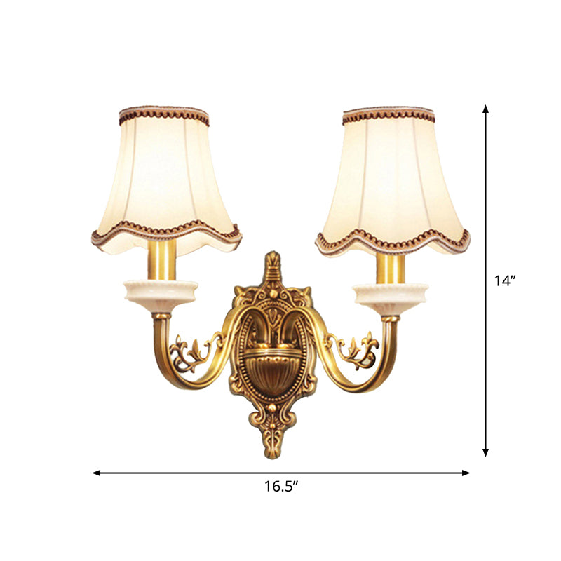 1/2-Light Fabric/White Glass Wall Lamp Traditional Gold Scalloped/Tapered/Curved Bedside Wall Mounted Light Fixture Clearhalo 'Wall Lamps & Sconces' 'Wall Lights' Lighting' 1982736