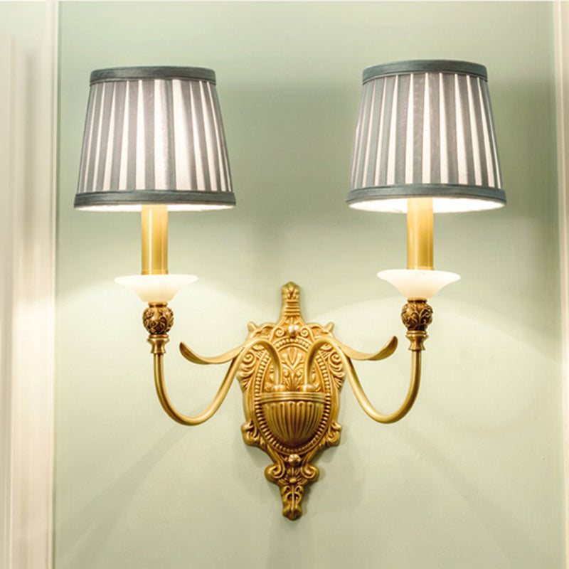 1/2-Light Fabric/White Glass Wall Lamp Traditional Gold Scalloped/Tapered/Curved Bedside Wall Mounted Light Fixture 2.0 Gold B Clearhalo 'Wall Lamps & Sconces' 'Wall Lights' Lighting' 1982737