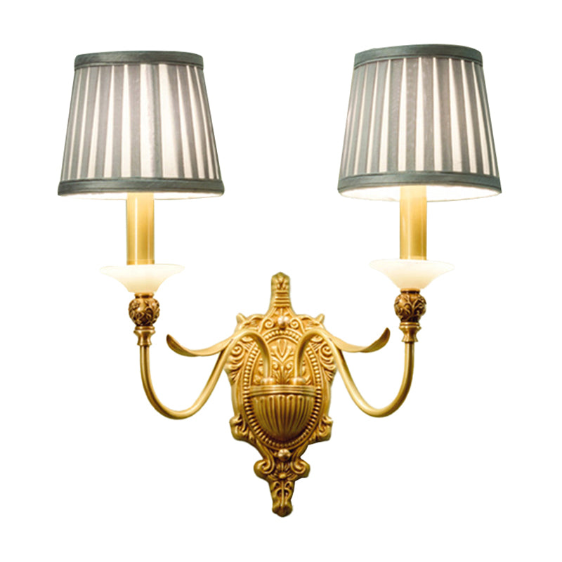 1/2-Light Fabric/White Glass Wall Lamp Traditional Gold Scalloped/Tapered/Curved Bedside Wall Mounted Light Fixture Clearhalo 'Wall Lamps & Sconces' 'Wall Lights' Lighting' 1982738