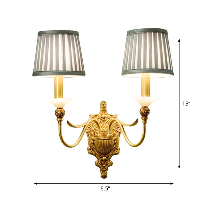 1/2-Light Fabric/White Glass Wall Lamp Traditional Gold Scalloped/Tapered/Curved Bedside Wall Mounted Light Fixture Clearhalo 'Wall Lamps & Sconces' 'Wall Lights' Lighting' 1982739