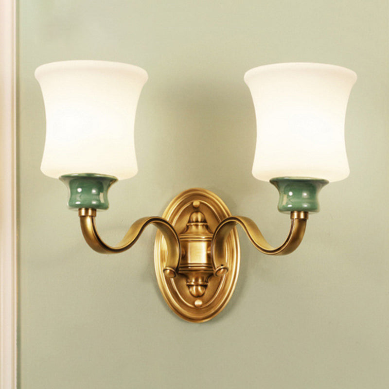 1/2-Light Fabric/White Glass Wall Lamp Traditional Gold Scalloped/Tapered/Curved Bedside Wall Mounted Light Fixture 2.0 Gold C Clearhalo 'Wall Lamps & Sconces' 'Wall Lights' Lighting' 1982740