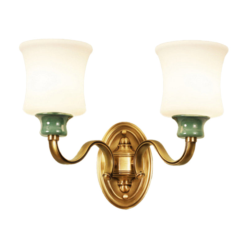 1/2-Light Fabric/White Glass Wall Lamp Traditional Gold Scalloped/Tapered/Curved Bedside Wall Mounted Light Fixture Clearhalo 'Wall Lamps & Sconces' 'Wall Lights' Lighting' 1982741