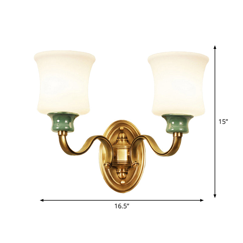 1/2-Light Fabric/White Glass Wall Lamp Traditional Gold Scalloped/Tapered/Curved Bedside Wall Mounted Light Fixture Clearhalo 'Wall Lamps & Sconces' 'Wall Lights' Lighting' 1982742