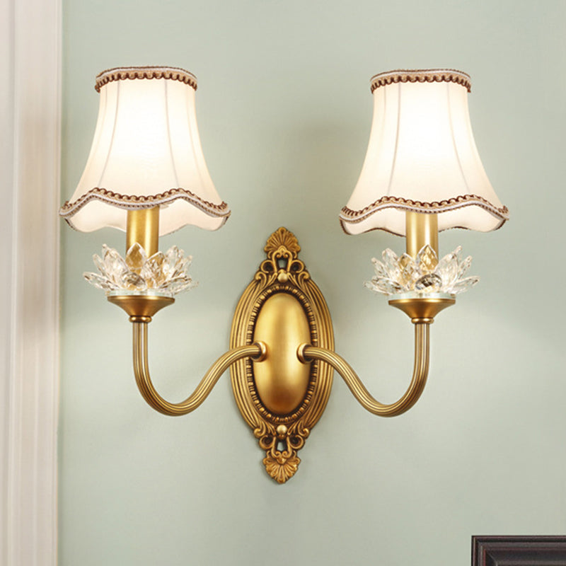 1/2-Light Fabric/White Glass Wall Lamp Traditional Gold Scalloped/Tapered/Curved Bedside Wall Mounted Light Fixture 2.0 Gold D Clearhalo 'Wall Lamps & Sconces' 'Wall Lights' Lighting' 1982743