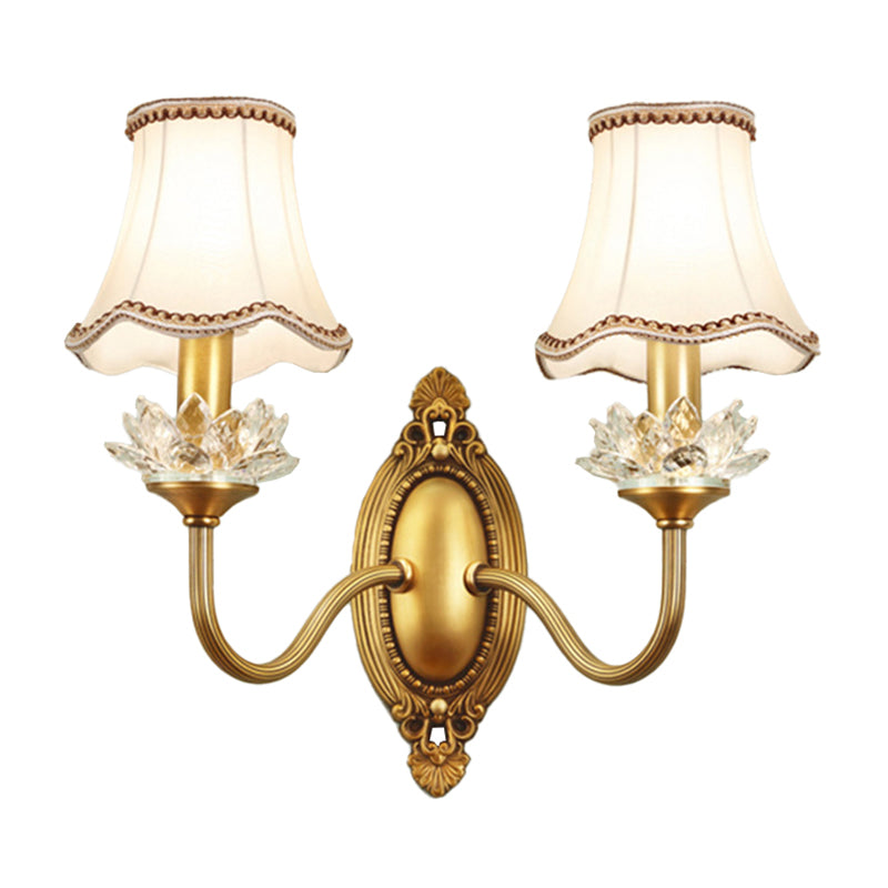 1/2-Light Fabric/White Glass Wall Lamp Traditional Gold Scalloped/Tapered/Curved Bedside Wall Mounted Light Fixture Clearhalo 'Wall Lamps & Sconces' 'Wall Lights' Lighting' 1982744