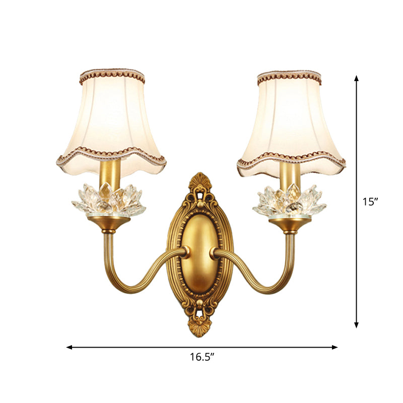 1/2-Light Fabric/White Glass Wall Lamp Traditional Gold Scalloped/Tapered/Curved Bedside Wall Mounted Light Fixture Clearhalo 'Wall Lamps & Sconces' 'Wall Lights' Lighting' 1982745