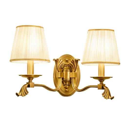 Pleated Fabric Cone Wall Light Traditional 1/2-Bulb Living Room Wall Sconce with Arm in Gold Clearhalo 'Wall Lamps & Sconces' 'Wall Lights' Lighting' 1982751