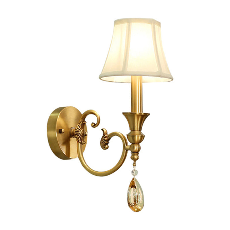 Traditional Flared Wall Light Fixture 1/2-Light Fabric Wall Mounted Lamp in Gold with Crystal Drop 1.0 Gold Clearhalo 'Wall Lamps & Sconces' 'Wall Lights' Lighting' 1982753