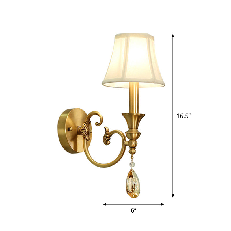 Traditional Flared Wall Light Fixture 1/2-Light Fabric Wall Mounted Lamp in Gold with Crystal Drop Clearhalo 'Wall Lamps & Sconces' 'Wall Lights' Lighting' 1982755