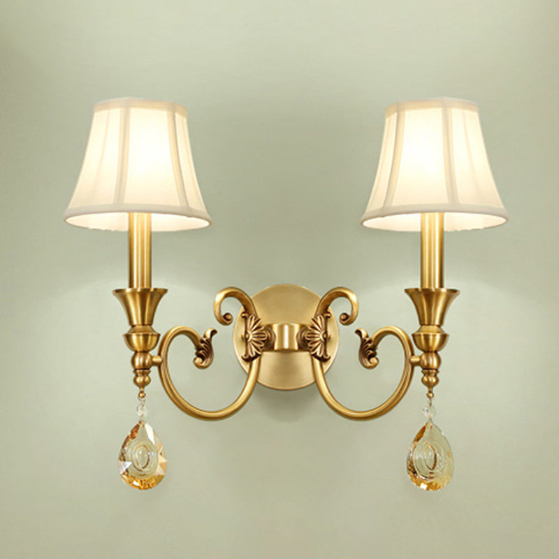 Traditional Flared Wall Light Fixture 1/2-Light Fabric Wall Mounted Lamp in Gold with Crystal Drop 2.0 Gold Clearhalo 'Wall Lamps & Sconces' 'Wall Lights' Lighting' 1982756