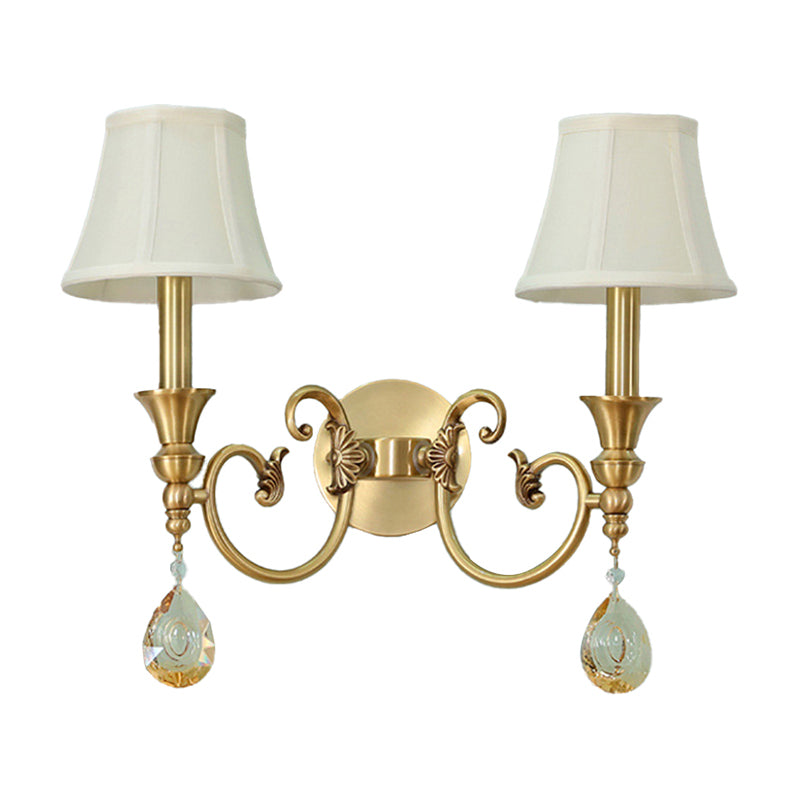 Traditional Flared Wall Light Fixture 1/2-Light Fabric Wall Mounted Lamp in Gold with Crystal Drop Clearhalo 'Wall Lamps & Sconces' 'Wall Lights' Lighting' 1982757