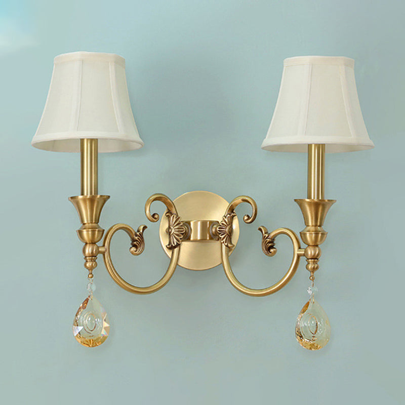 Traditional Flared Wall Light Fixture 1/2-Light Fabric Wall Mounted Lamp in Gold with Crystal Drop Clearhalo 'Wall Lamps & Sconces' 'Wall Lights' Lighting' 1982758