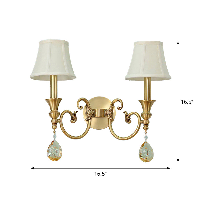 Traditional Flared Wall Light Fixture 1/2-Light Fabric Wall Mounted Lamp in Gold with Crystal Drop Clearhalo 'Wall Lamps & Sconces' 'Wall Lights' Lighting' 1982759