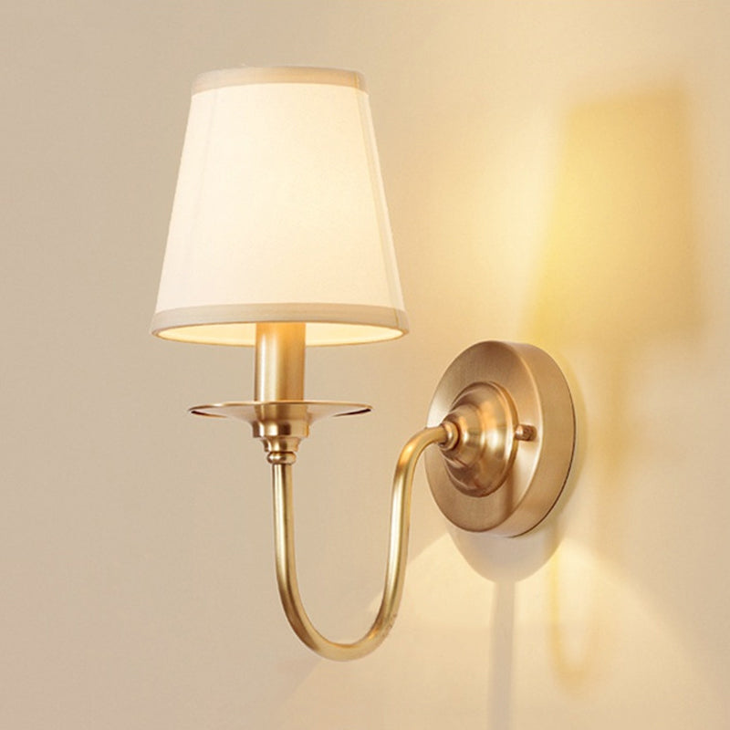 1-Light Cone Wall Mounted Light Traditional White Fabric Wall Lamp with Swoop Arm in Gold Clearhalo 'Wall Lamps & Sconces' 'Wall Lights' Lighting' 1982773