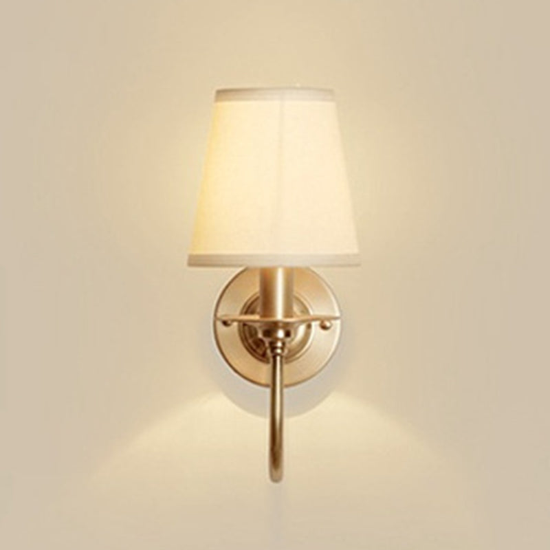 1-Light Cone Wall Mounted Light Traditional White Fabric Wall Lamp with Swoop Arm in Gold Clearhalo 'Wall Lamps & Sconces' 'Wall Lights' Lighting' 1982774