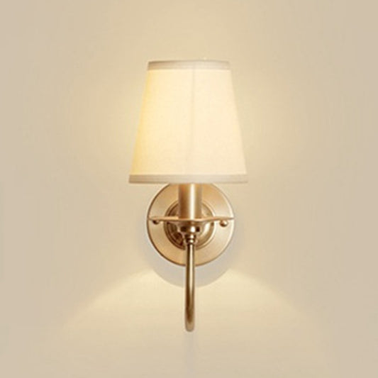 1-Light Cone Wall Mounted Light Traditional White Fabric Wall Lamp with Swoop Arm in Gold Clearhalo 'Wall Lamps & Sconces' 'Wall Lights' Lighting' 1982774