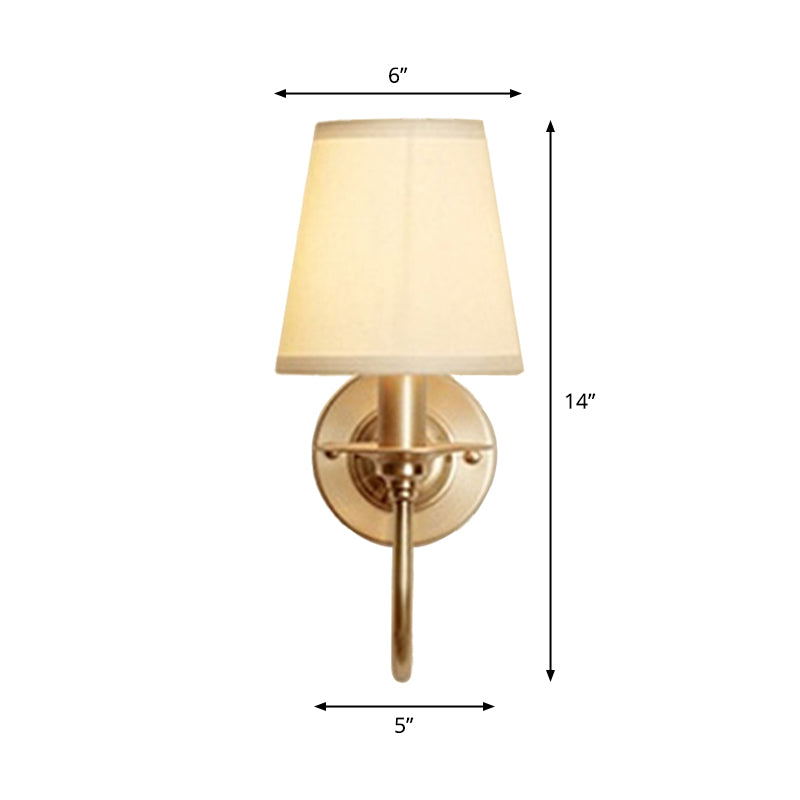 1-Light Cone Wall Mounted Light Traditional White Fabric Wall Lamp with Swoop Arm in Gold Clearhalo 'Wall Lamps & Sconces' 'Wall Lights' Lighting' 1982776