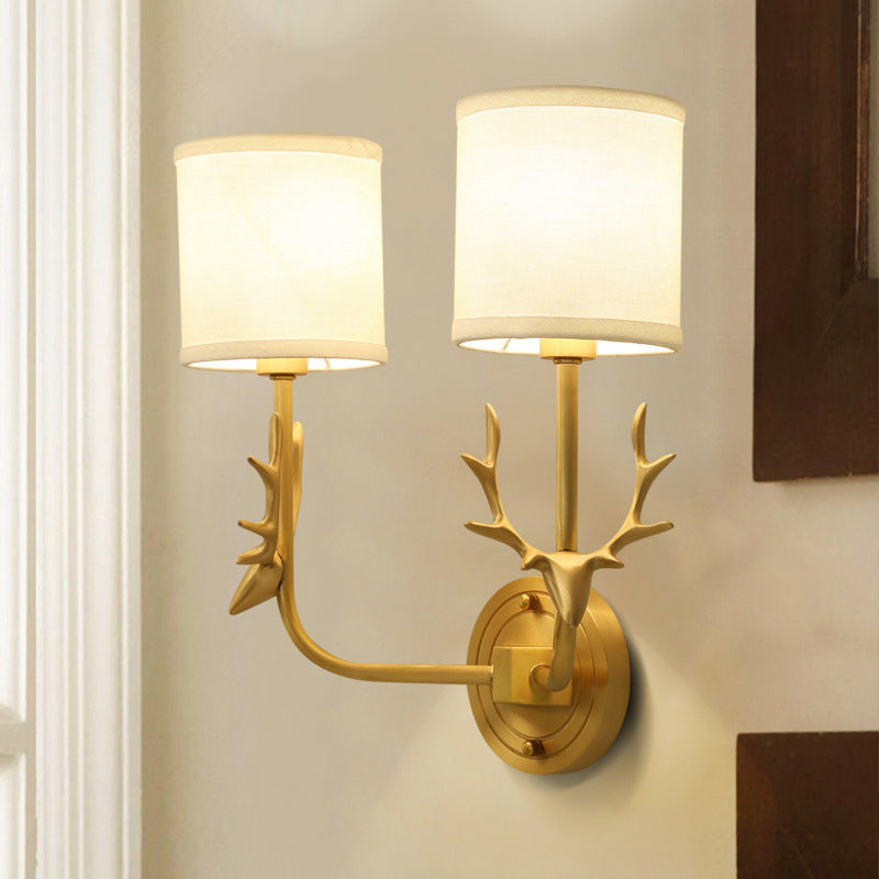 Gold Deer Wall Mounted Light Country Style Metal 2 Heads Bedroom Wall Lamp with Cylinder Fabric Shade Gold Clearhalo 'Wall Lamps & Sconces' 'Wall Lights' Lighting' 1982813