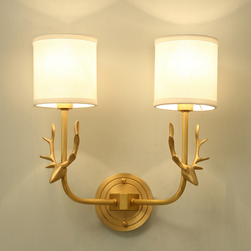 Gold Deer Wall Mounted Light Country Style Metal 2 Heads Bedroom Wall Lamp with Cylinder Fabric Shade Clearhalo 'Wall Lamps & Sconces' 'Wall Lights' Lighting' 1982814