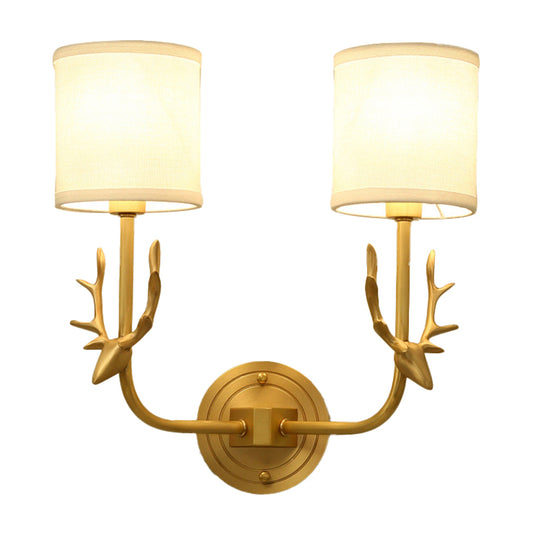 Gold Deer Wall Mounted Light Country Style Metal 2 Heads Bedroom Wall Lamp with Cylinder Fabric Shade Clearhalo 'Wall Lamps & Sconces' 'Wall Lights' Lighting' 1982816