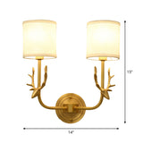 Gold Deer Wall Mounted Light Country Style Metal 2 Heads Bedroom Wall Lamp with Cylinder Fabric Shade Clearhalo 'Wall Lamps & Sconces' 'Wall Lights' Lighting' 1982817