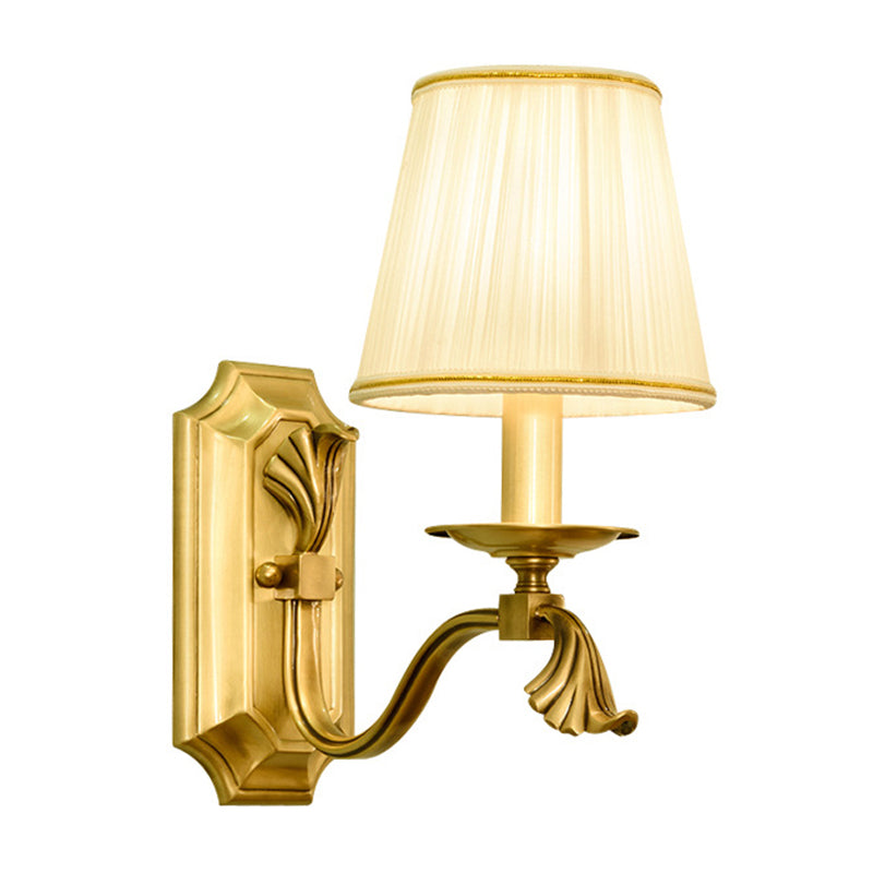 Candle Bedside Wall Lighting Rustic Metal 1/2-Light Gold Wall Mount Lamp with Cone Pleated Fabric Shade Clearhalo 'Wall Lamps & Sconces' 'Wall Lights' Lighting' 1982823